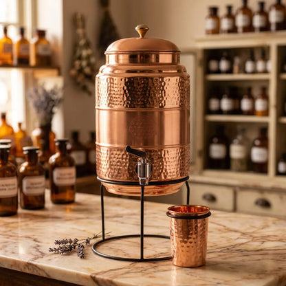Kupferkaraffe 5 l Blume des Lebens im Apothekerstil mit Kupferbecher