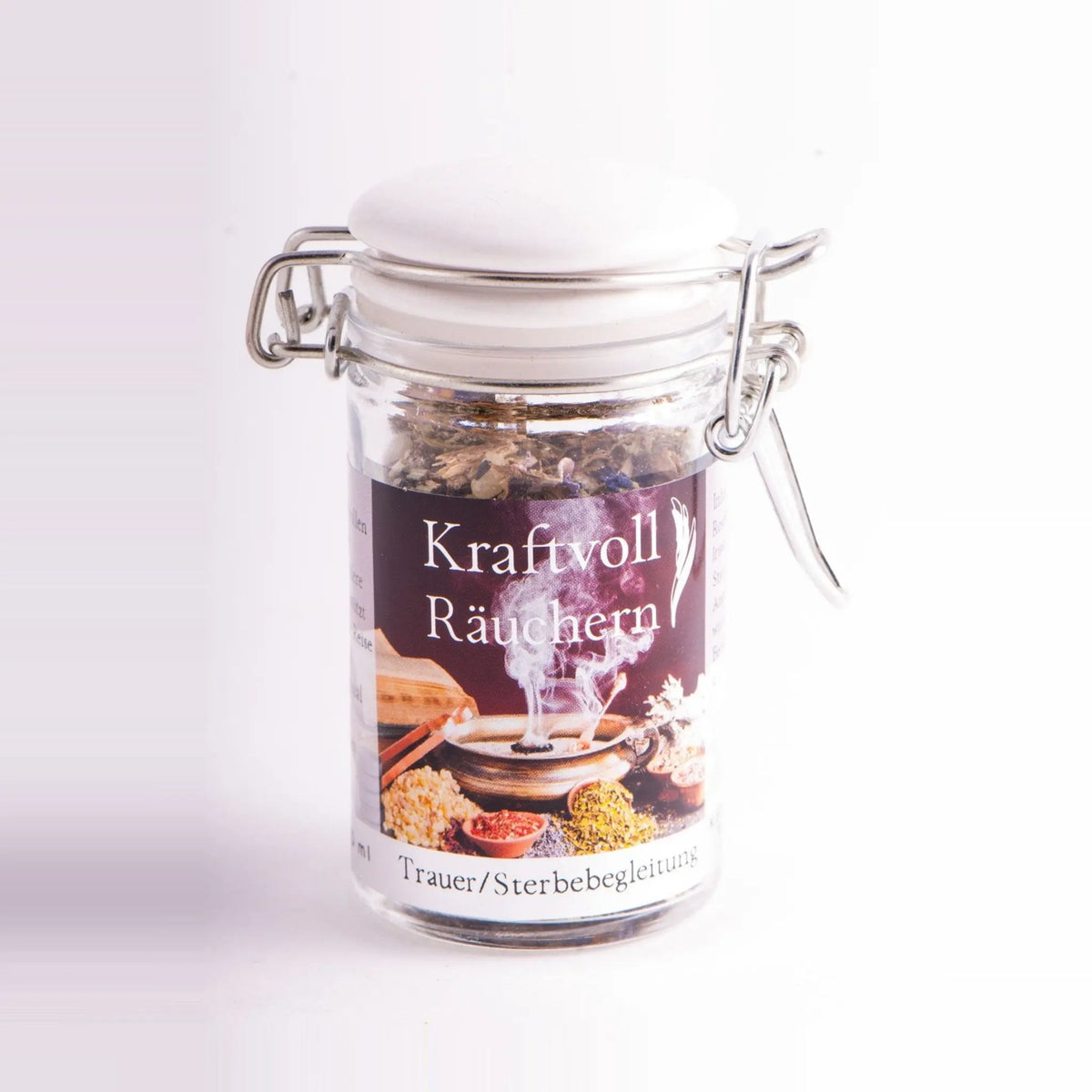 Trauer/Sterbebegleitung, Räuchermischung der Reihe Kraftvoll Räuchern von Berk, 60 ml im Bügelglas: Bügelglas mit weißem Deckel und Etikett vor hellem Grund