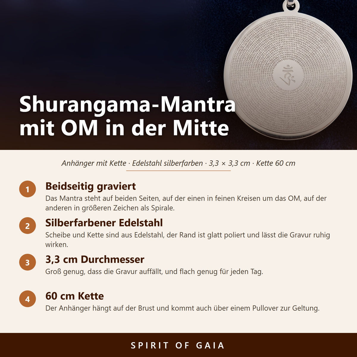 Übersicht zum Mantra Anhänger mit OM: Edelstahl silberfarben, 3,3 cm, Kette 60 cm, beidseitig graviert