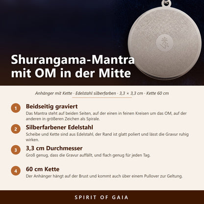 Übersicht zum Mantra Anhänger mit OM: Edelstahl silberfarben, 3,3 cm, Kette 60 cm, beidseitig graviert
