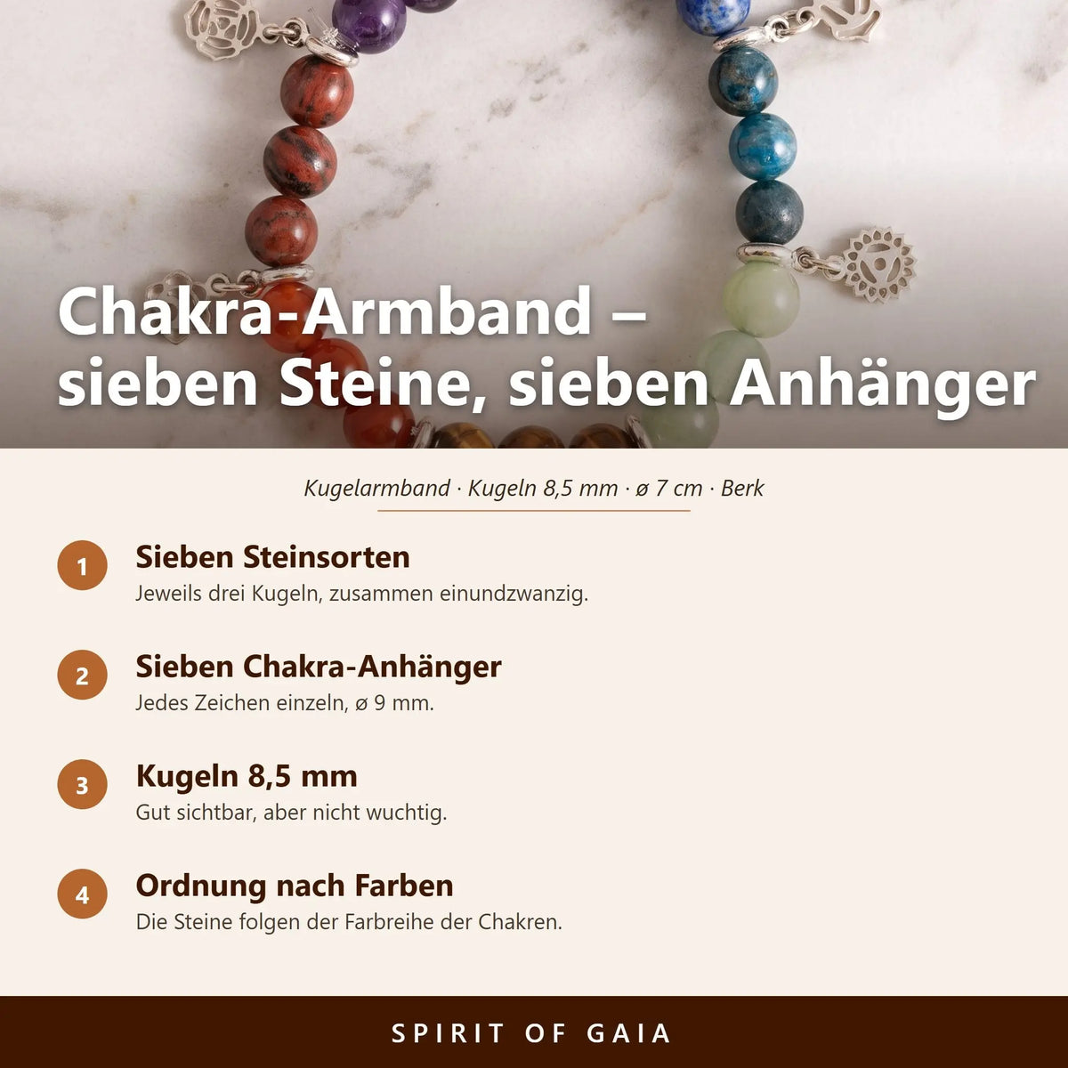 Übersicht zum Chakra-Armband: sieben Steinsorten, sieben Chakra-Anhänger, Kugeln 8,5 mm, Ordnung nach Farben