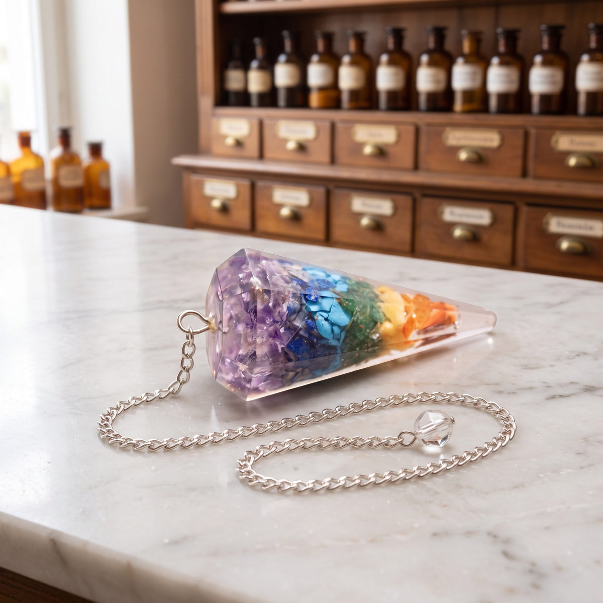 Chakra-Pendel aus Orgonit von Berk liegt auf der Marmortheke einer hellen Apotheke, Steinsplitter von Violett bis Orange, silberfarbene Kette daneben