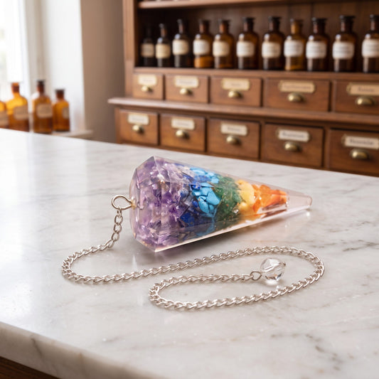 Chakra-Pendel aus Orgonit von Berk liegt auf der Marmortheke einer hellen Apotheke, Steinsplitter von Violett bis Orange, silberfarbene Kette daneben