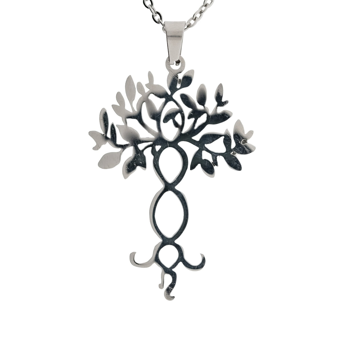 Filigraner Yggdrasil Anhänger mit Edelstahlkette, freigestellt auf weißem Grund