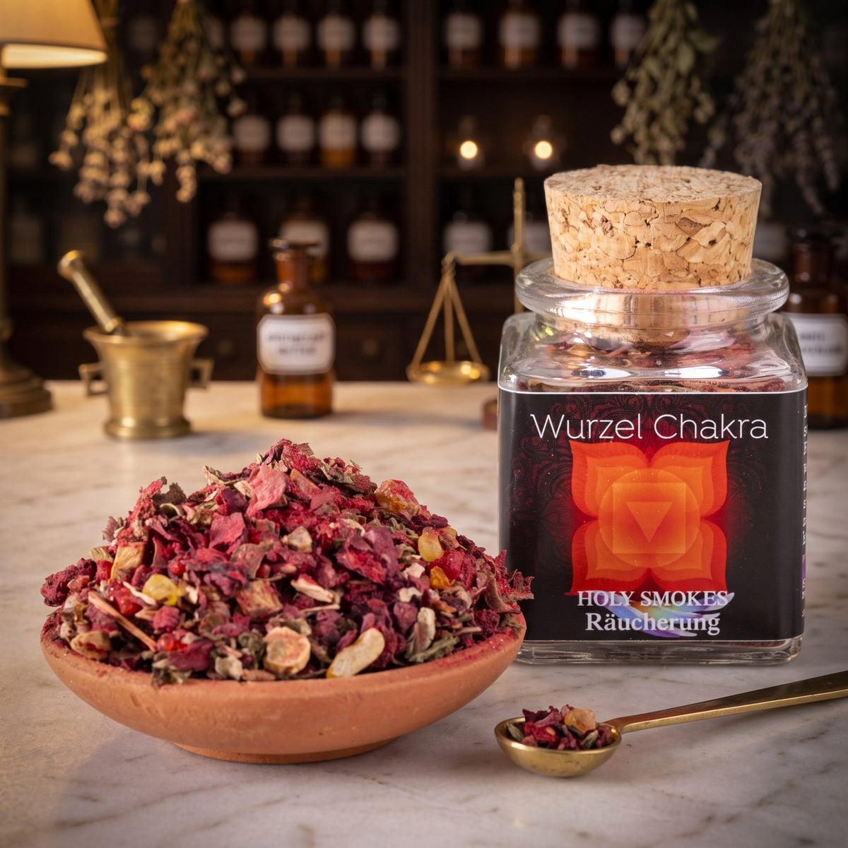 Wurzelchakra, Chakra-Räuchermischung von Berk, 50 ml im Korkglas: Korkglas auf der Marmortheke einer alten Apotheke am Abend, davor eine Terracottaschale mit der losen Mischung und ein Messinglöffel – Spirit of Gaia