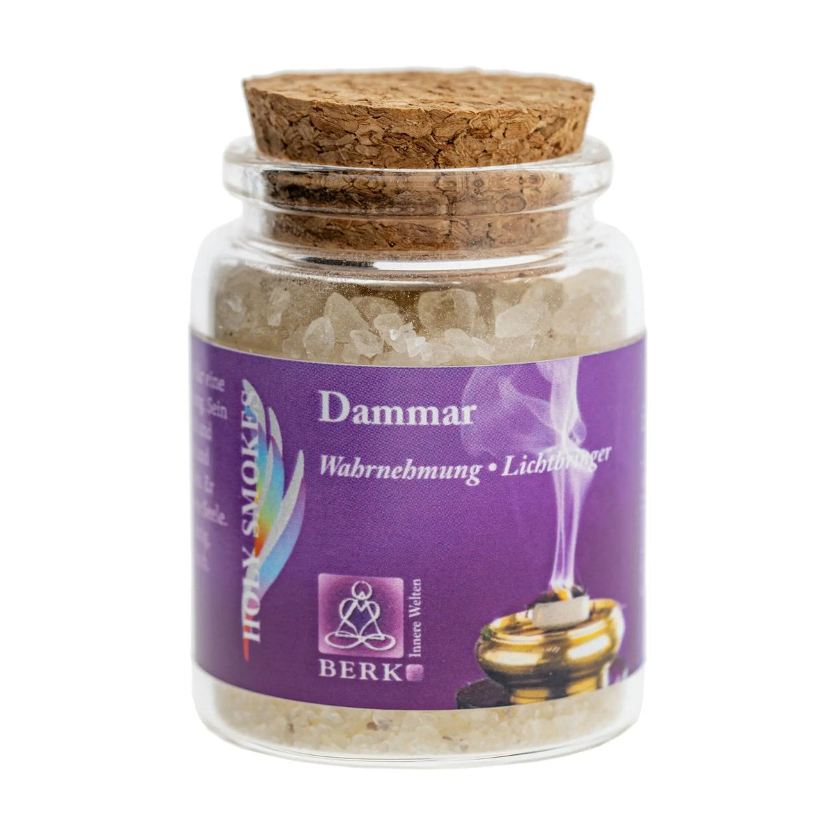 Dammar weiß, reines Räucherharz von Berk, 60 ml im Korkglas: Korkglas mit violettem Etikett, freigestellt auf Weiß