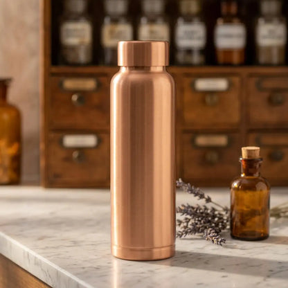 Matte Kupfer-Trinkflasche mit Lavendel und Apothekerfläschchen im Apotheker-Look