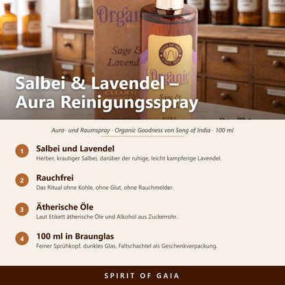 Übersicht zum Aura Reinigungsspray Salbei und Lavendel: Duft, rauchfreie Anwendung, ätherische Öle und Füllmenge 100 ml