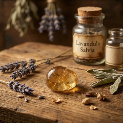 Citrin Trommelstein – auf warmem Holz mit Lavendel und getrockneten Kräutern