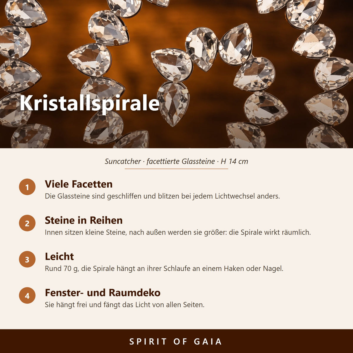Übersicht zur Kristallspirale: facettierte Glassteine, silberner Stahl, 14 cm hoch, mit Schlaufe zum Aufhängen
