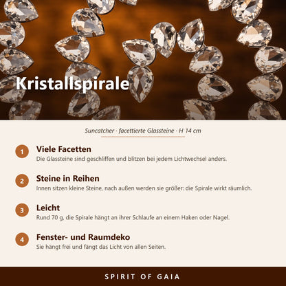 Übersicht zur Kristallspirale: facettierte Glassteine, silberner Stahl, 14 cm hoch, mit Schlaufe zum Aufhängen