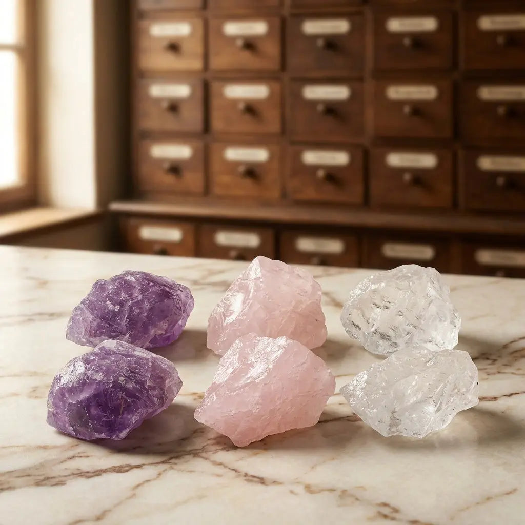 Naturbelassene Rohsteine der Wassersteine Grundmischung: Amethyst, Rosenquarz und Bergkristall in Nahaufnahme – Spirit of Gaia