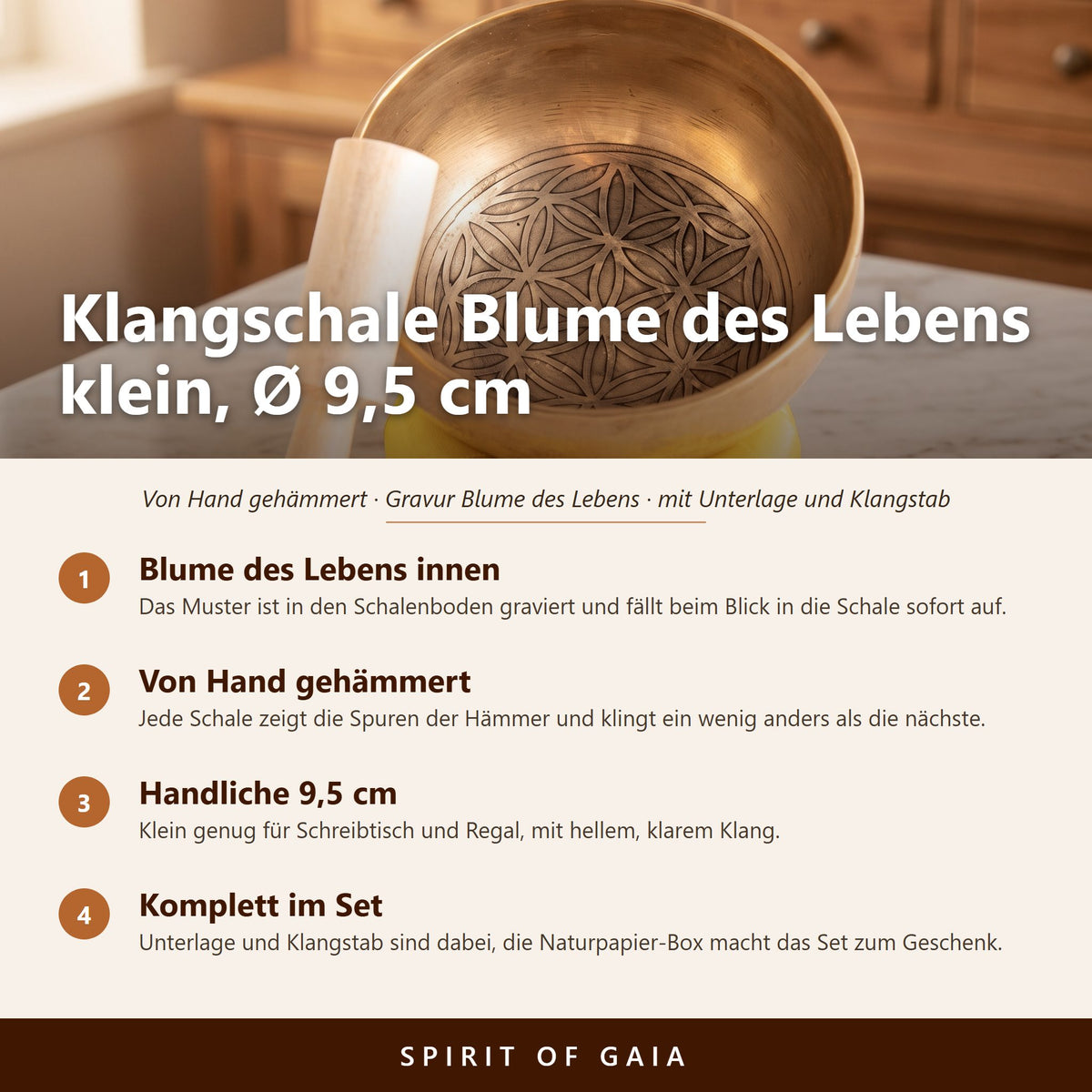 Übersicht zur Klangschale Blume des Lebens, klein: von Hand gehämmert, Gravur innen, Ø 9,5 cm, Set mit Unterlage und Klangstab