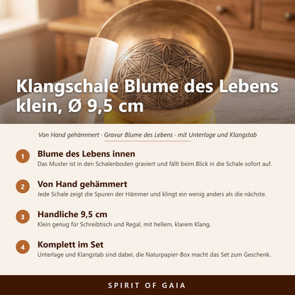Übersicht zur Klangschale Blume des Lebens, klein: von Hand gehämmert, Gravur innen, Ø 9,5 cm, Set mit Unterlage und Klangstab