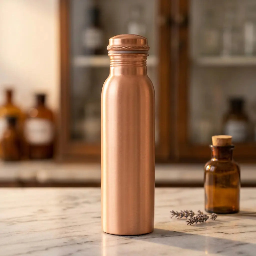 Kupfer-Trinkflasche mit Apothekerfläschchen und Lavendel im Apotheker-Look