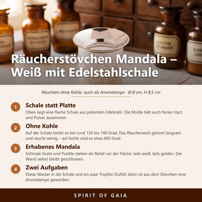 Weißes Räucherstövchen aus Eisen mit erhabenem Mandala und flacher Edelstahlschale – Infografik mit den wichtigsten Angaben