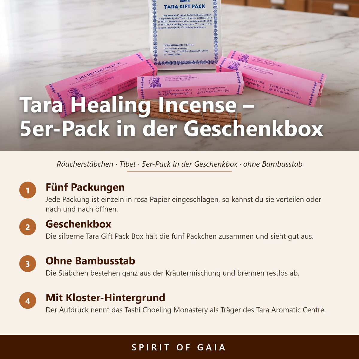 Infografik zu Tara Healing Incense: fünf Packungen in der Tara Gift Pack Box, ohne Bambusstab, Kloster-Hintergrund