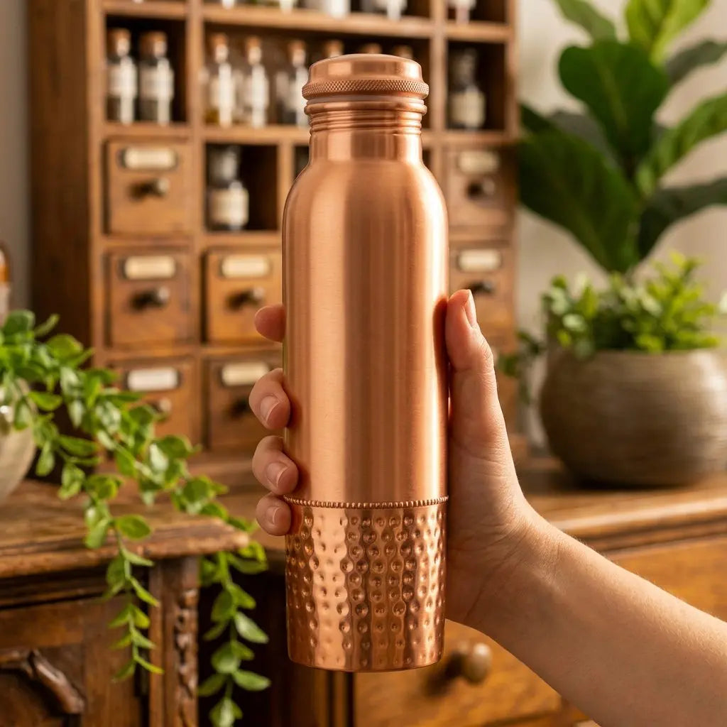 Hand hält die Kupfer-Trinkflasche mit gehämmertem Sockel im warmen Apotheker-Ambiente