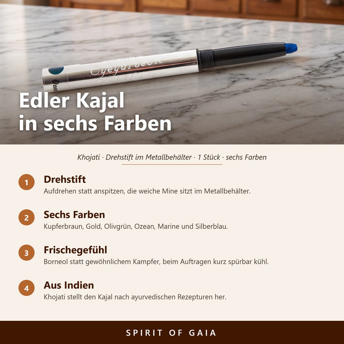 Übersicht zum Kajal von Khojati: Drehstift, sechs Farben, Frischegefühl, aus Indien