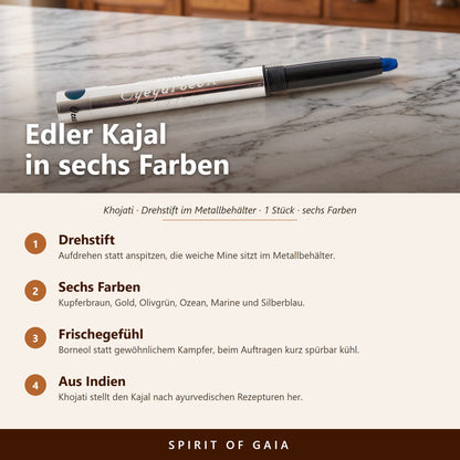 Übersicht zum Kajal von Khojati: Drehstift, sechs Farben, Frischegefühl, aus Indien