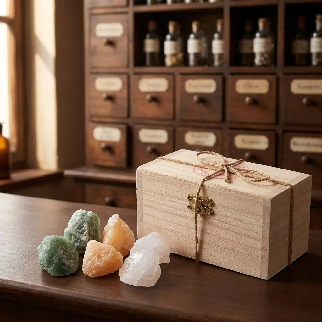 Holzkästchen der Wassersteine Kraft und Mut seitlich mit allen sechs Rohsteinen: zweimal Aventurin, zweimal Orangencalcit und zweimal Bergkristall – Spirit of Gaia