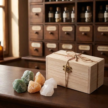 Holzkästchen der Wassersteine Kraft und Mut seitlich mit allen sechs Rohsteinen: zweimal Aventurin, zweimal Orangencalcit und zweimal Bergkristall – Spirit of Gaia
