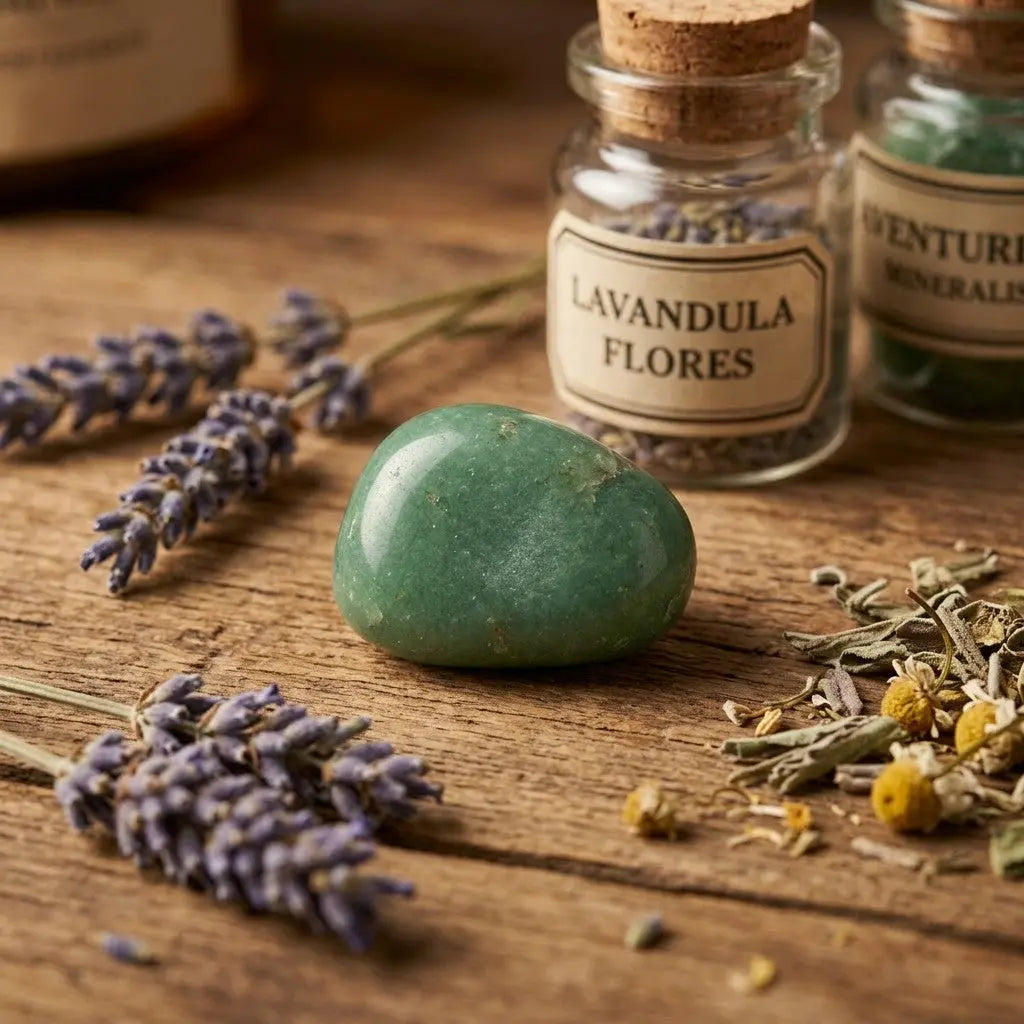 Grüner Aventurin Trommelstein – auf warmem Holz mit Lavendel und getrockneten Kräutern