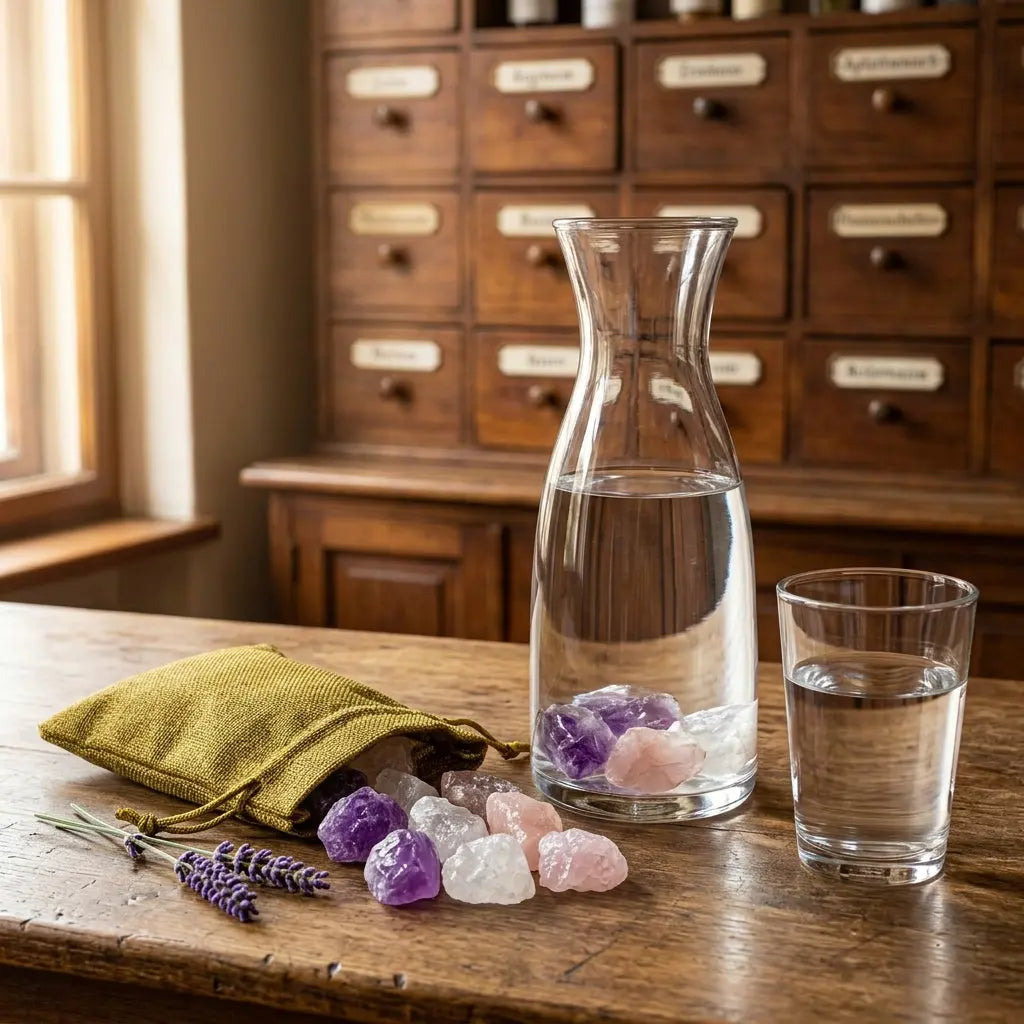 Wassersteine Grundmischung im Jutesäckchen mit Glaskaraffe (Steine im Wasser) und Wasserglas – Amethyst, Rosenquarz und Bergkristall – Spirit of Gaia
