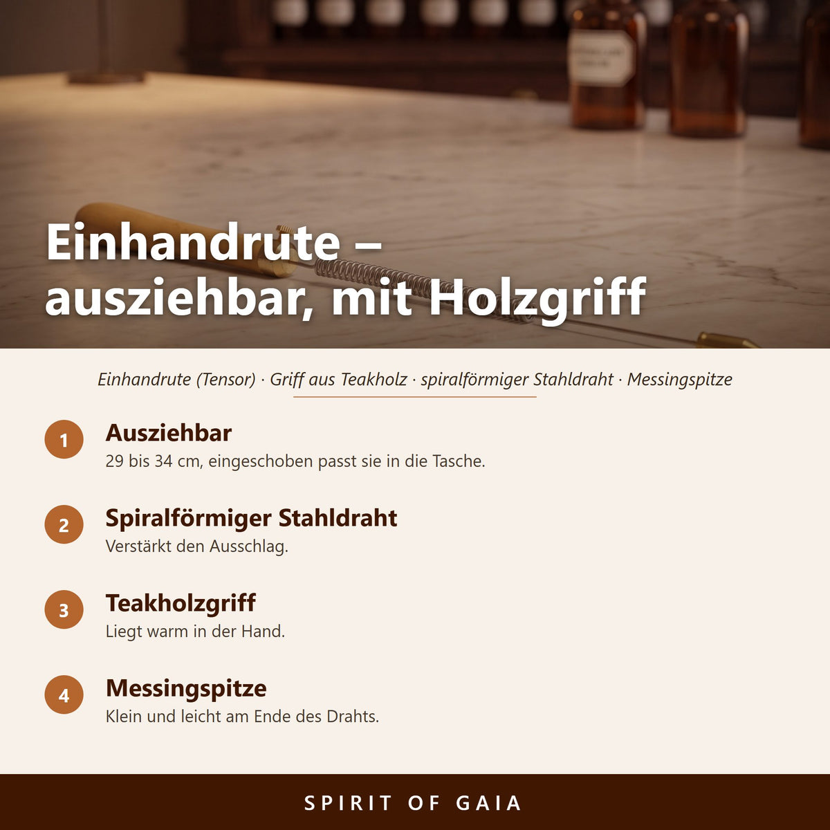 Übersicht zu Einhandrute mit Holzgriff: Ausziehbar, Spiralförmiger Stahldraht, Teakholzgriff, Messingspitze