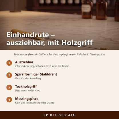 Übersicht zu Einhandrute mit Holzgriff: Ausziehbar, Spiralförmiger Stahldraht, Teakholzgriff, Messingspitze