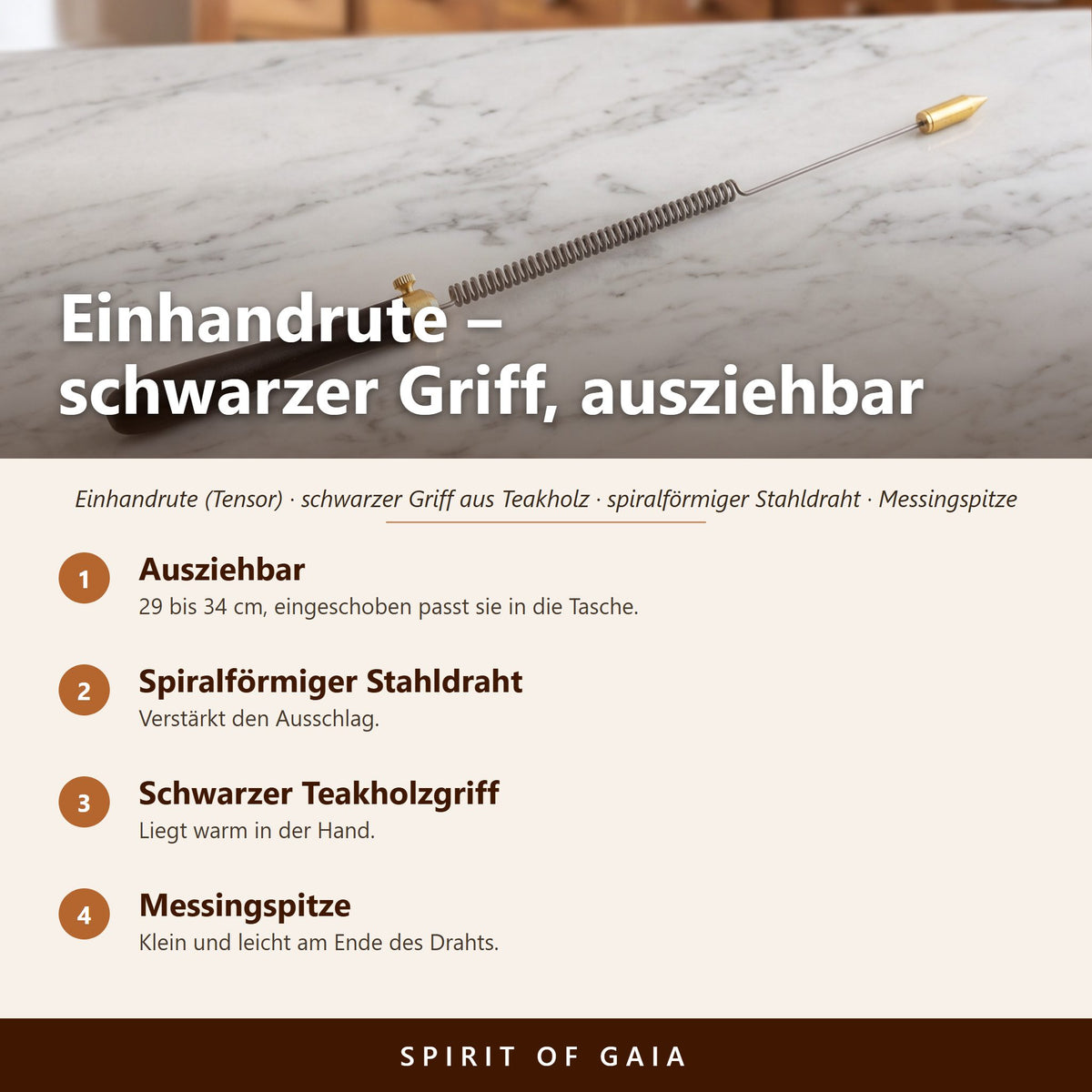 Übersicht zur Einhandrute: Ausziehbar, Spiralförmiger Stahldraht, Schwarzer Teakholzgriff, Messingspitze