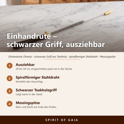 Übersicht zur Einhandrute: Ausziehbar, Spiralförmiger Stahldraht, Schwarzer Teakholzgriff, Messingspitze