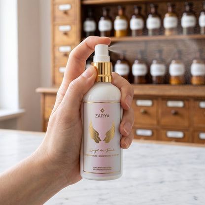Eine Hand sprüht das Aura Spray Engel der Freude fein in den Raum