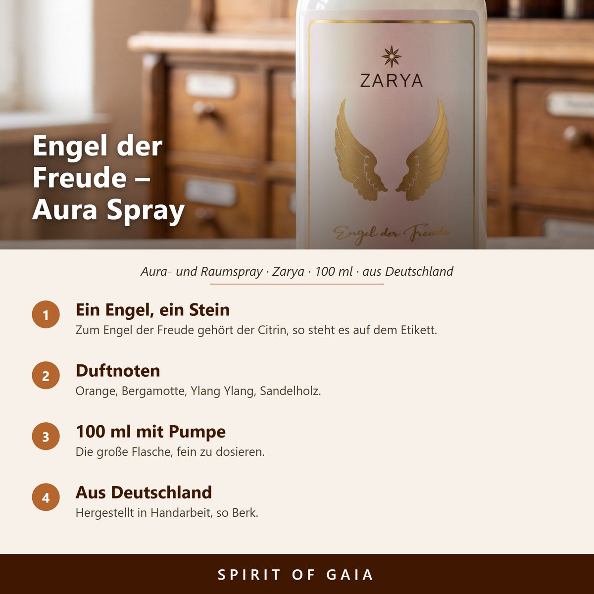 Übersicht zu Engel der Freude Aura Spray 100 ml: ein Engel, ein Stein, Duftnoten, 100 ml mit Pumpe, aus Deutschland