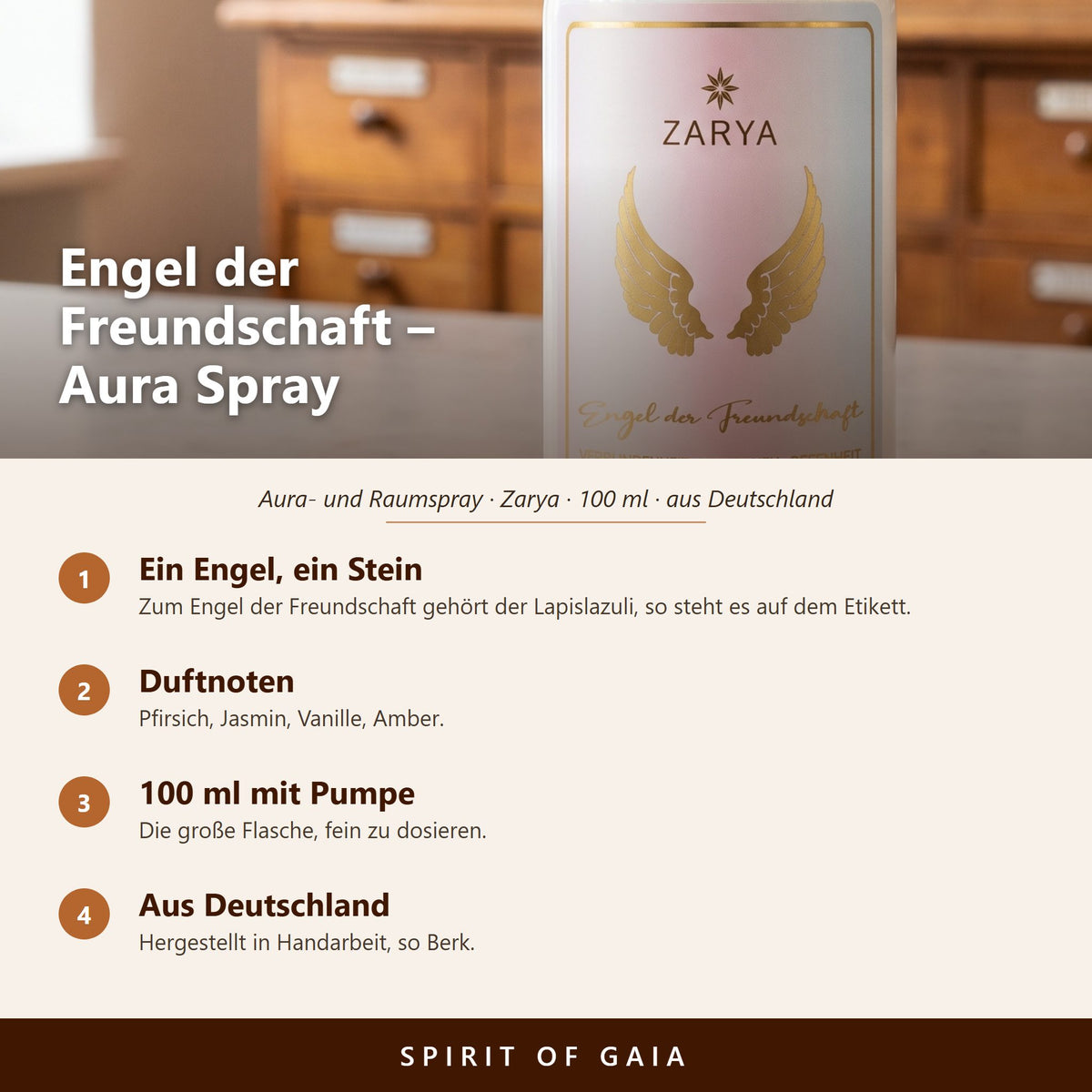 Übersicht zu Engel der Freundschaft Aura Spray 100 ml: ein Engel, ein Stein, Duftnoten, 100 ml mit Pumpe, aus Deutschland