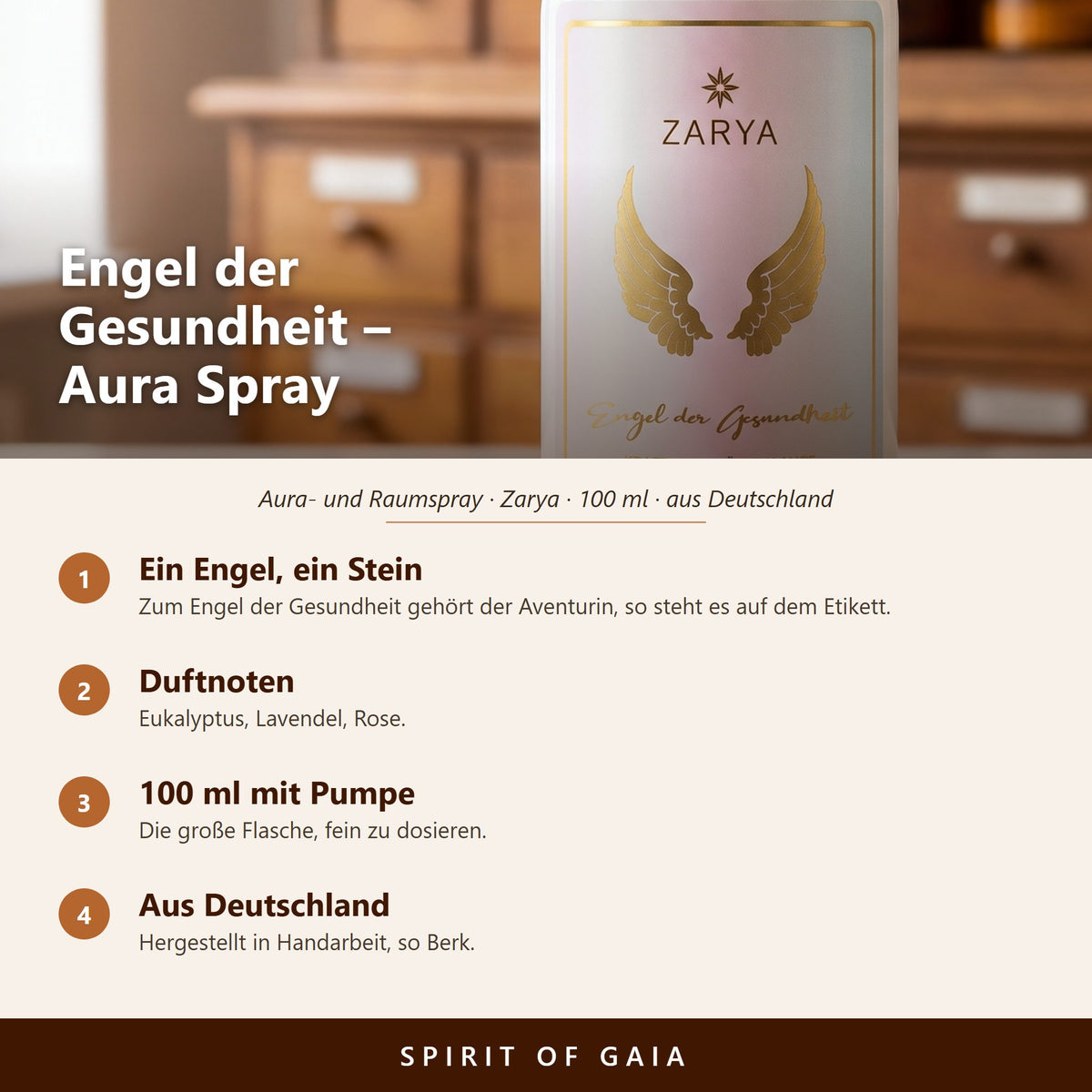 Übersicht zu Engel der Gesundheit Aura Spray 100 ml: ein Engel, ein Stein, Duftnoten, 100 ml mit Pumpe, aus Deutschland