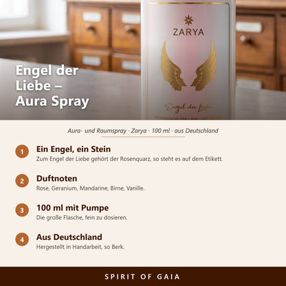 Übersicht zu Engel der Liebe Aura Spray 100 ml: ein Engel, ein Stein, Duftnoten, 100 ml mit Pumpe, aus Deutschland