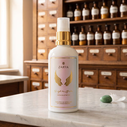 Engel des Glücks Aura Spray von Zarya: weiße Flasche mit goldenem Pumpring und goldenen Flügeln auf dem Etikett, auf der Marmortheke einer Apotheke, daneben ein grüner Jadestein und eine weiße Feder