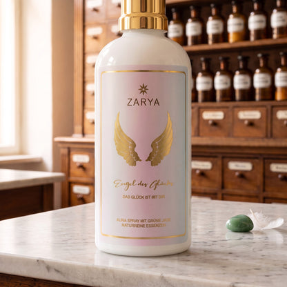 Nahaufnahme des Etiketts: Zarya, goldene Flügel, Engel des Glücks, Aura Spray mit grüner Jade