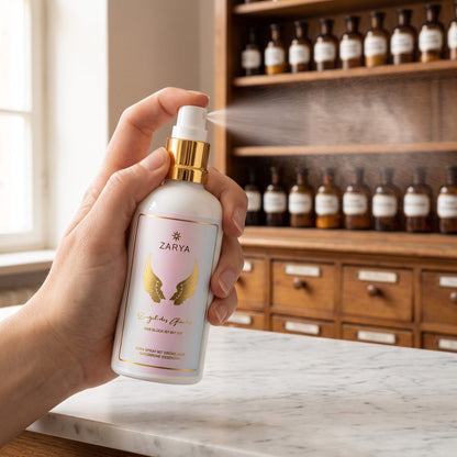 Eine Hand sprüht das Aura Spray Engel des Glücks fein in den Raum