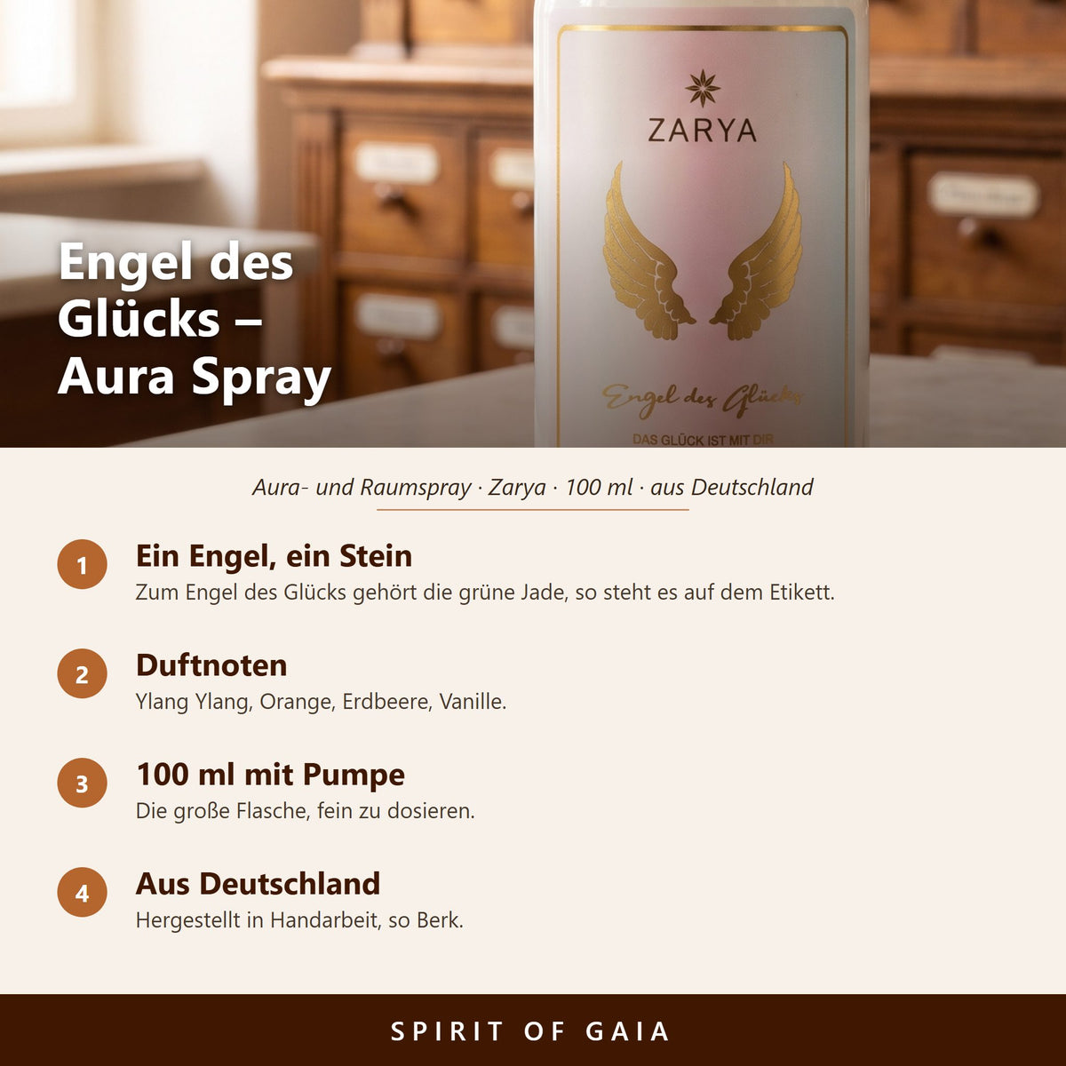 Übersicht zu Engel des Glücks Aura Spray 100 ml: ein Engel, ein Stein, Duftnoten, 100 ml mit Pumpe, aus Deutschland