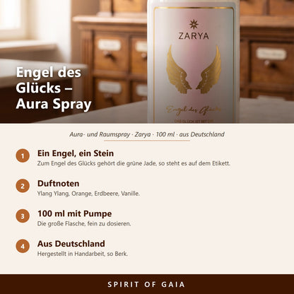 Übersicht zu Engel des Glücks Aura Spray 100 ml: ein Engel, ein Stein, Duftnoten, 100 ml mit Pumpe, aus Deutschland