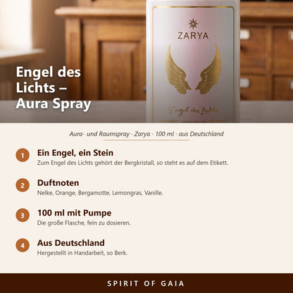 Übersicht zu Engel des Lichts Aura Spray 100 ml: ein Engel, ein Stein, Duftnoten, 100 ml mit Pumpe, aus Deutschland