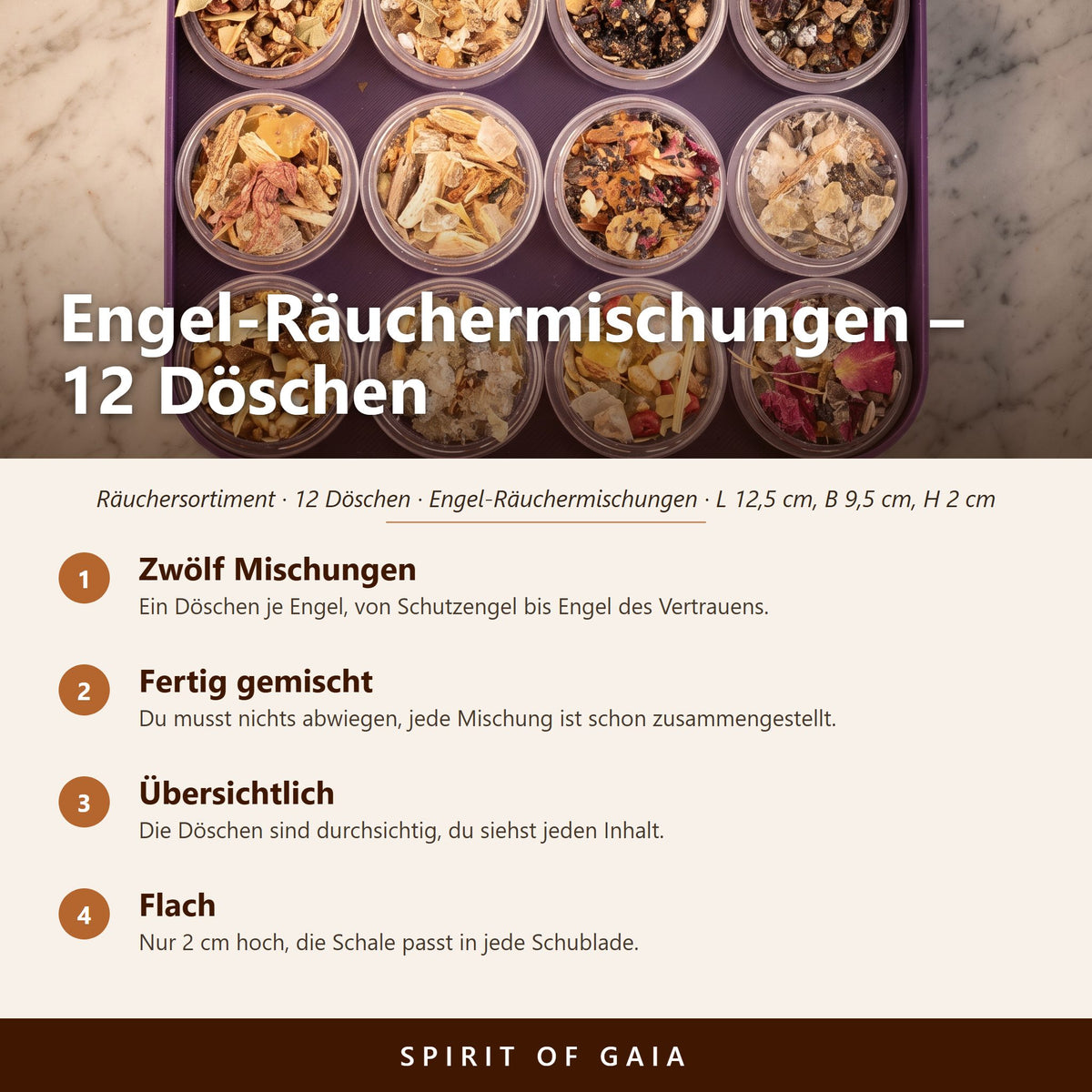 Übersicht zu Engel-Räuchermischungen: Zwölf Mischungen, Fertig gemischt, Übersichtlich, Flach