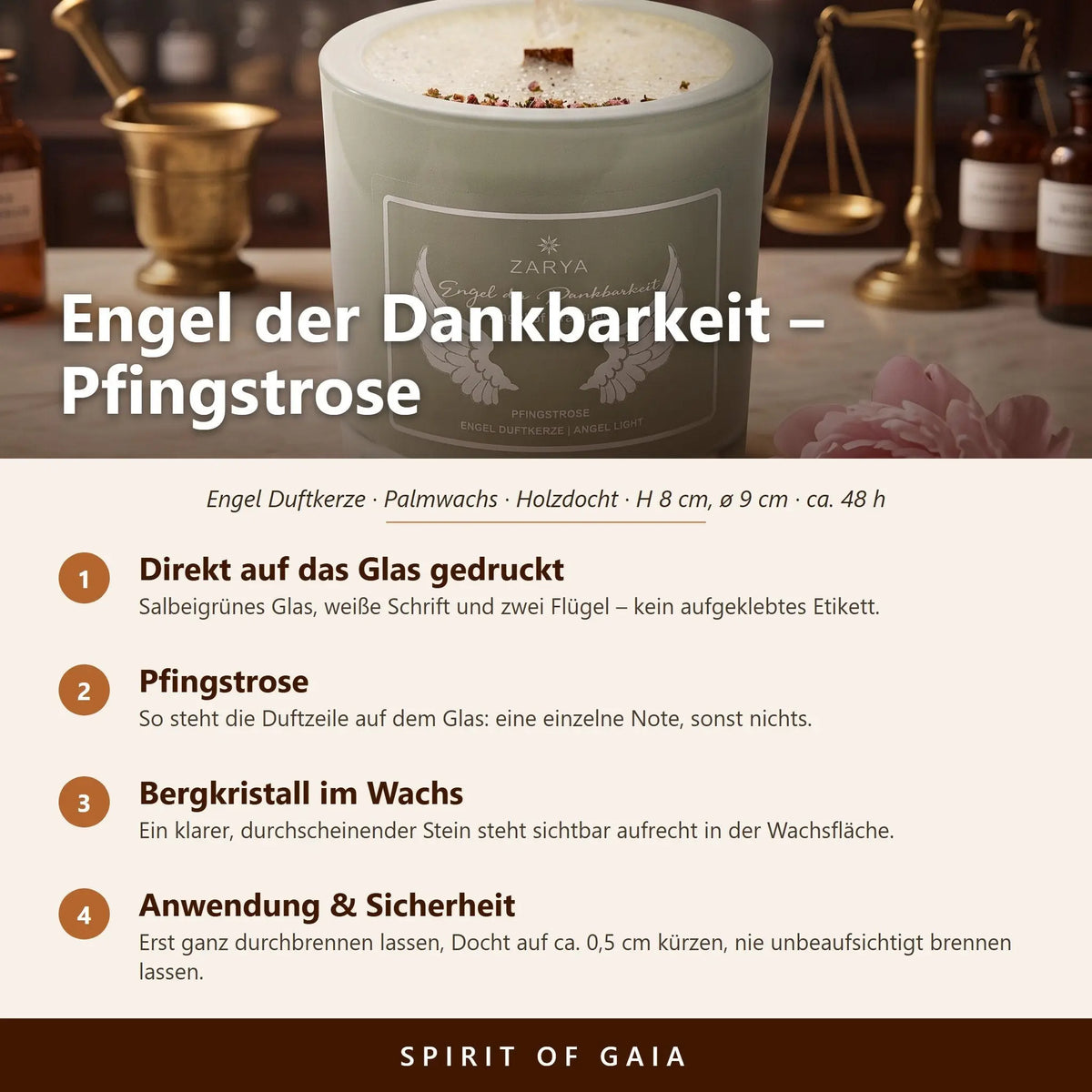 Infografik zur Engelkerze Engel der Dankbarkeit von Zarya: Aufdruck direkt auf dem Glas, Duft Pfingstrose, Holzdocht, Anwendung und Sicherheit
