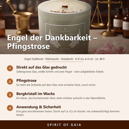 Infografik zur Engelkerze Engel der Dankbarkeit von Zarya: Aufdruck direkt auf dem Glas, Duft Pfingstrose, Holzdocht, Anwendung und Sicherheit