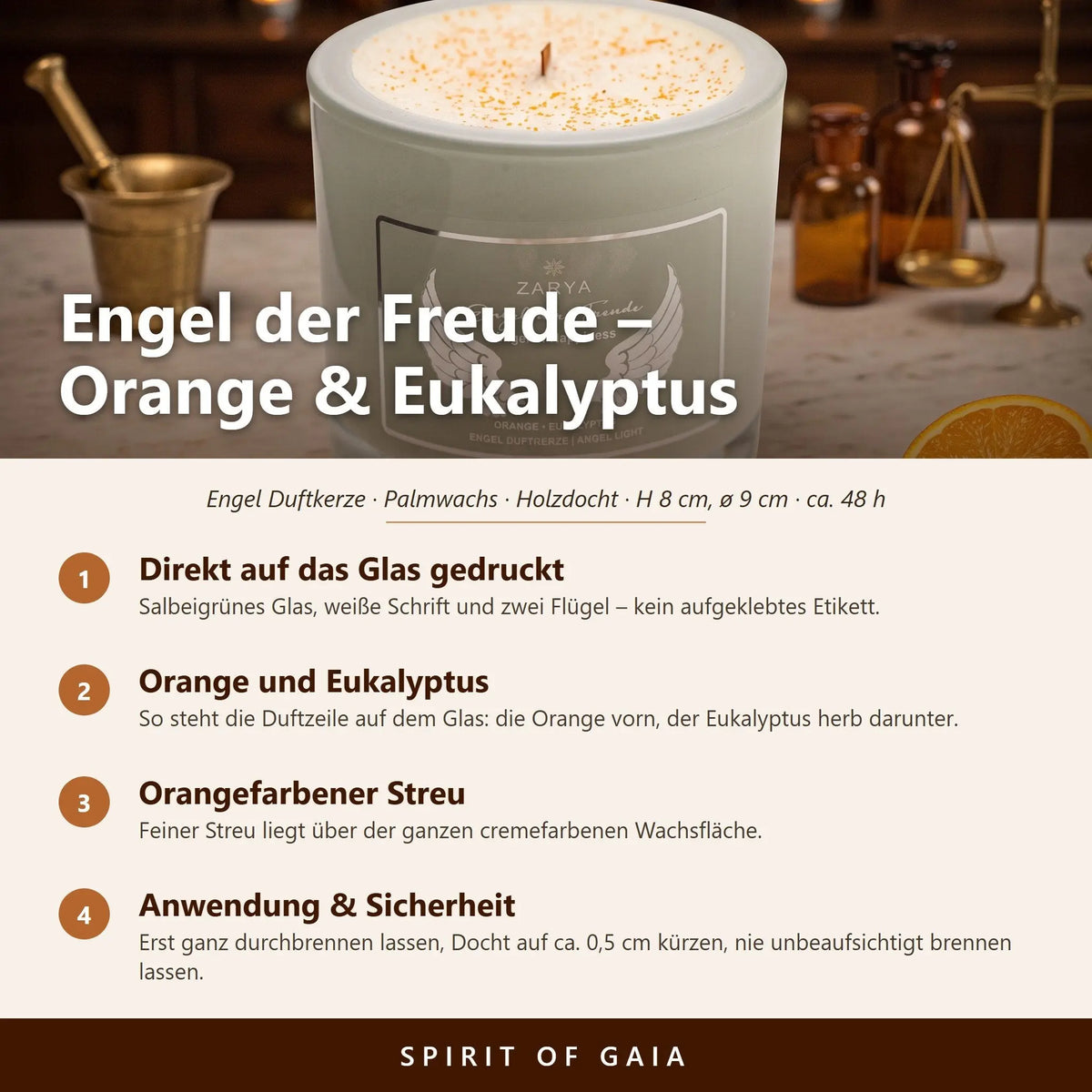 Infografik zur Engelkerze Engel der Freude von Zarya: Aufdruck direkt auf dem Glas, Duft Orange und Eukalyptus, Holzdocht, Anwendung und Sicherheit