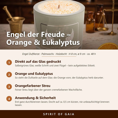 Infografik zur Engelkerze Engel der Freude von Zarya: Aufdruck direkt auf dem Glas, Duft Orange und Eukalyptus, Holzdocht, Anwendung und Sicherheit