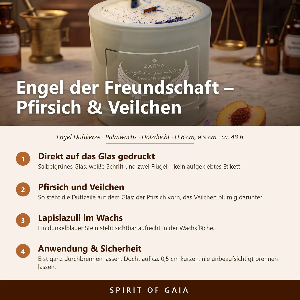 Infografik zur Engelkerze Engel der Freundschaft von Zarya: Aufdruck direkt auf dem Glas, Duft Pfirsich und Veilchen, Holzdocht, Anwendung und Sicherheit