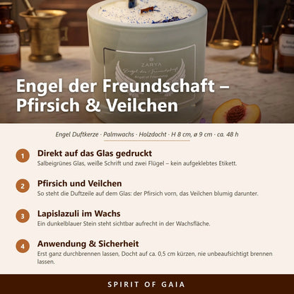 Infografik zur Engelkerze Engel der Freundschaft von Zarya: Aufdruck direkt auf dem Glas, Duft Pfirsich und Veilchen, Holzdocht, Anwendung und Sicherheit